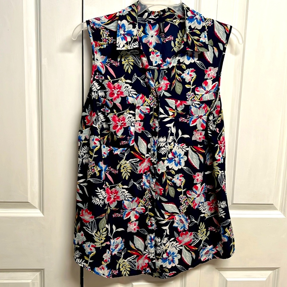 Massini Navy Blue Multi Floral Print Sleeveless Pocket Sheer Top Size 1X
